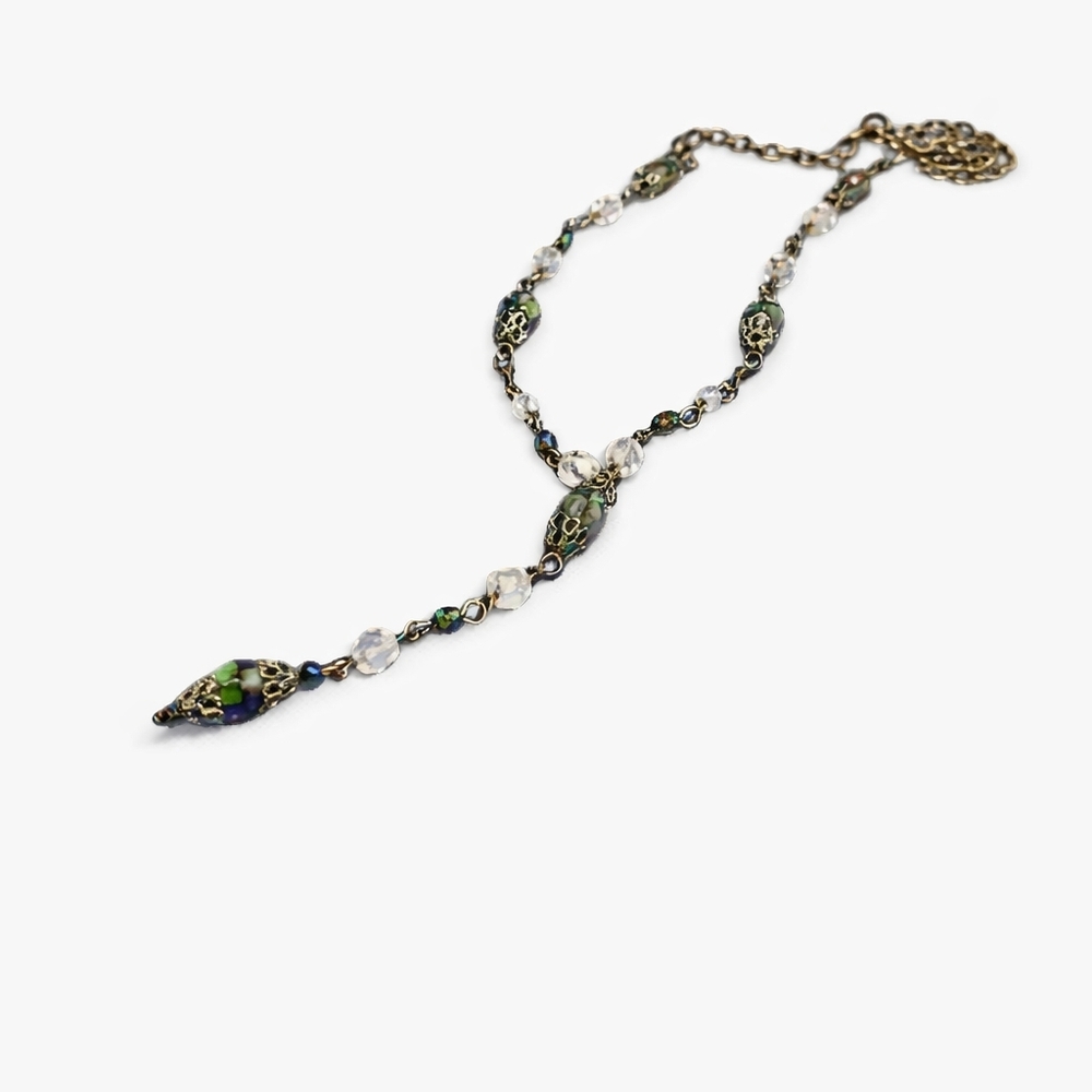 Vintage Czech Style Crystal Y Drop Necklace Green Glass Beads Filigree Brass